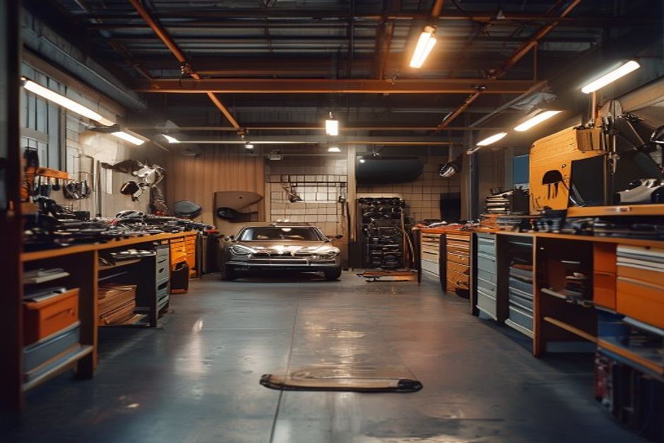 Professional panel beating workshop with warm lighting